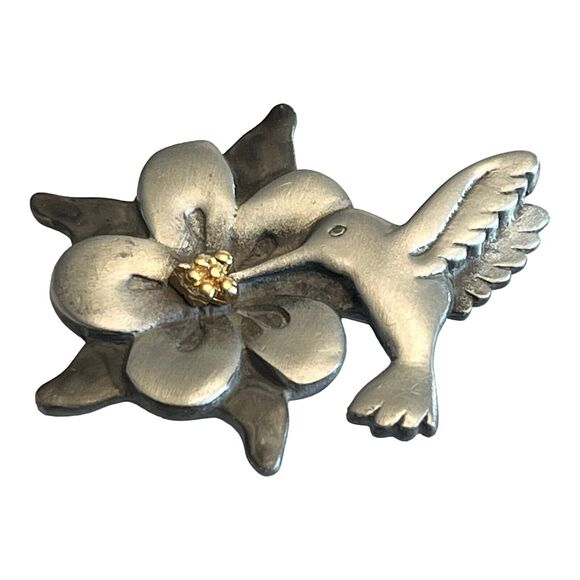 VTG Shields PEWTER HUMMINGBIRD BROOCH PIN Flower Silver Gold 2" Signed Jewelry - Picture 1 of 6